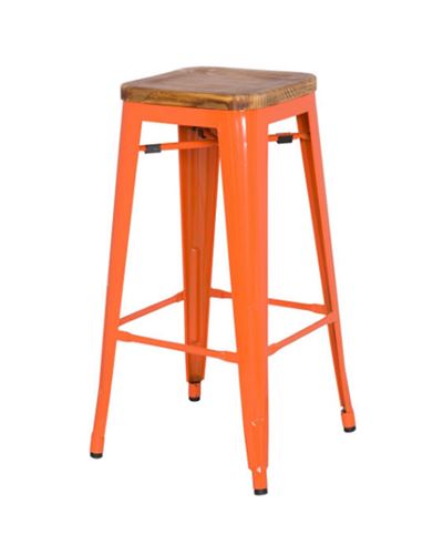 Ghế bar Tolix đẹp không tựa mặt gỗ TL-09 màu cam